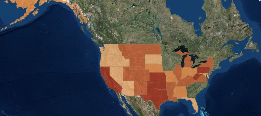FracTracker 2015年美国各州油井密度图